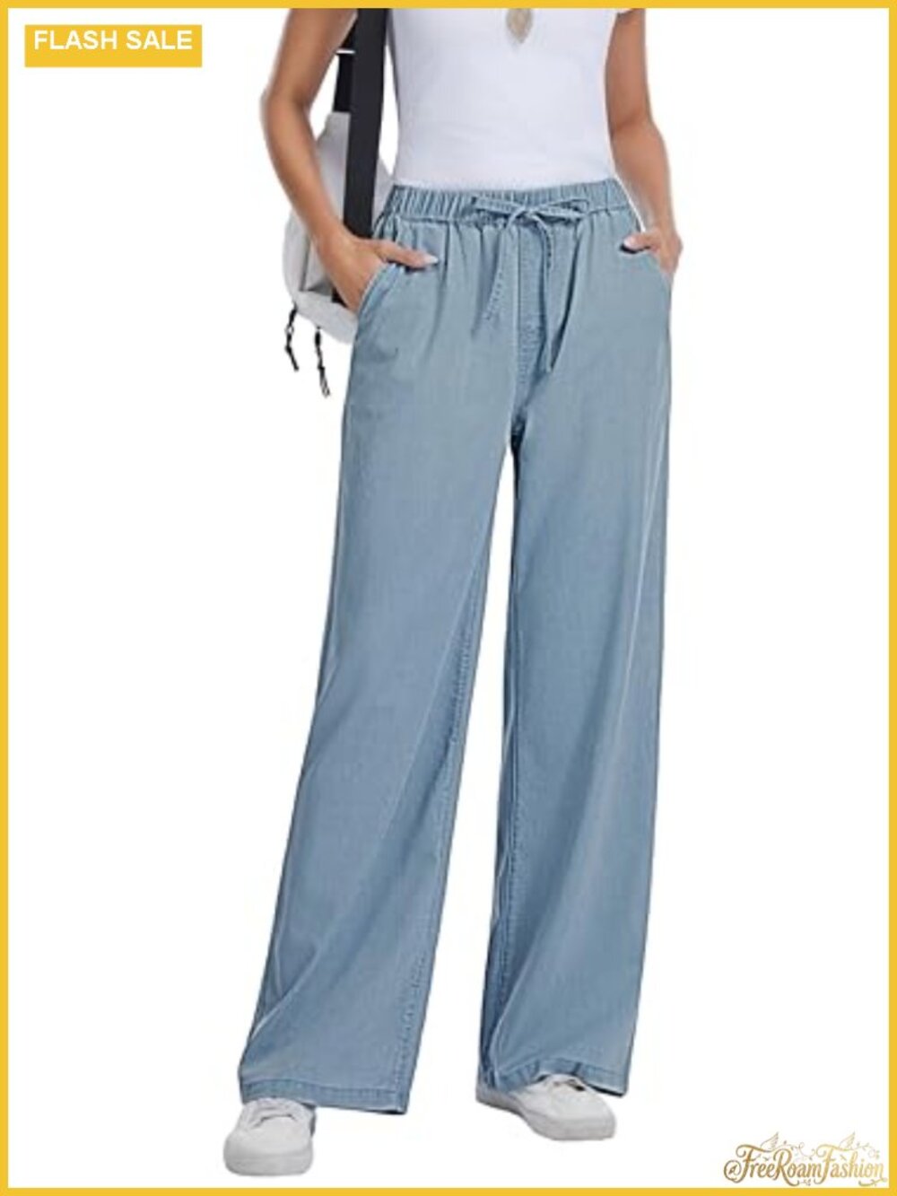 Wide Leg Jeans High Rise Drawstring Waist Lightweight Baggy Denim Pants Casual